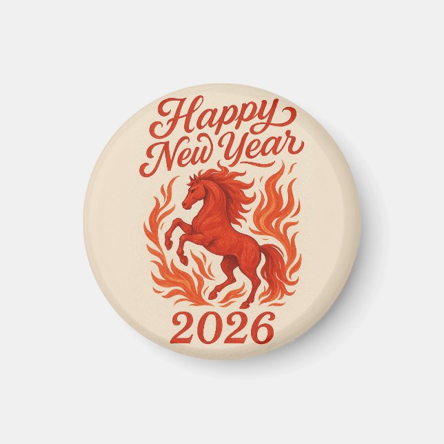 Aimant Joyeux Nouvel An 2026 Cheval Fiery (Devant)