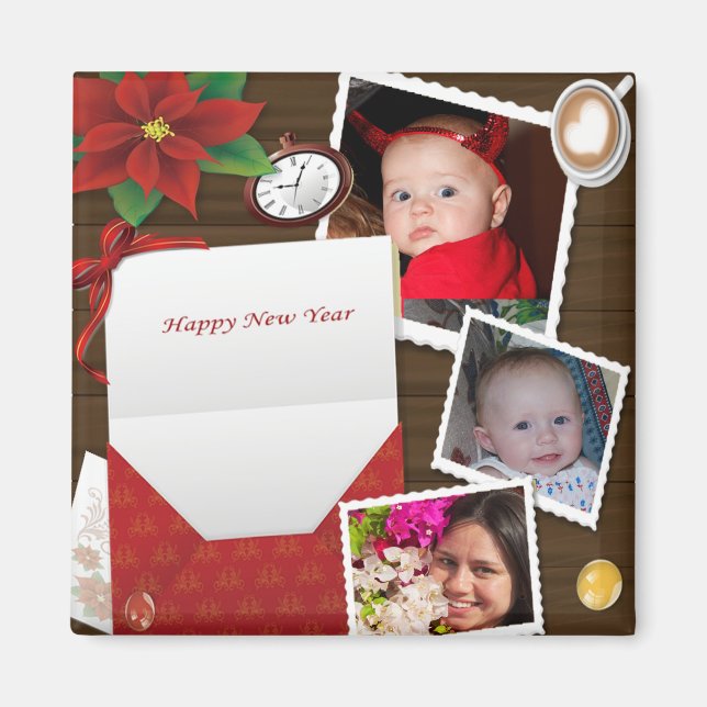 Aimant Joyeux Nouvel An avec Holly Ajouter Votre Photo Ma (Devant)