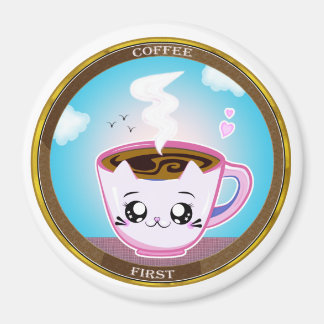 Aimant Kawaii chat rose Coupe de café. Café d'abord