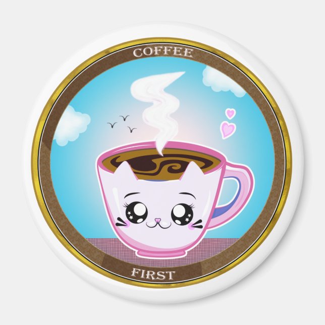 Aimant Kawaii chat rose Coupe de café. Café d'abord (Devant)