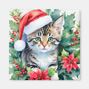 Aimant Kitten À Santa Hat Noël Aquarelle Art