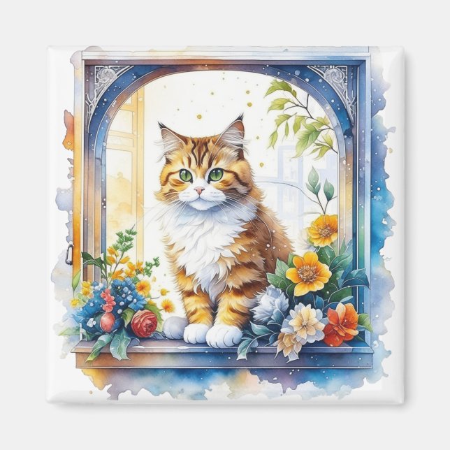 Aimant Kitty Chat dans la fenêtre de fleurs Personnalisé (Devant)
