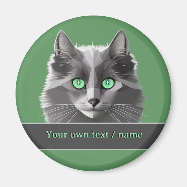 Aimant Kitty gris poil long - Visage de chat aux yeux ver (Devant)