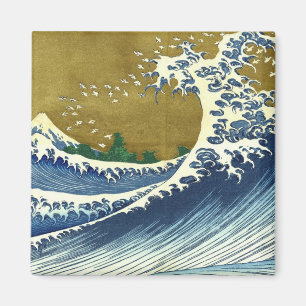 Aimant La Grande Vague (Art Japonais Bleu et Or, Hokusai)