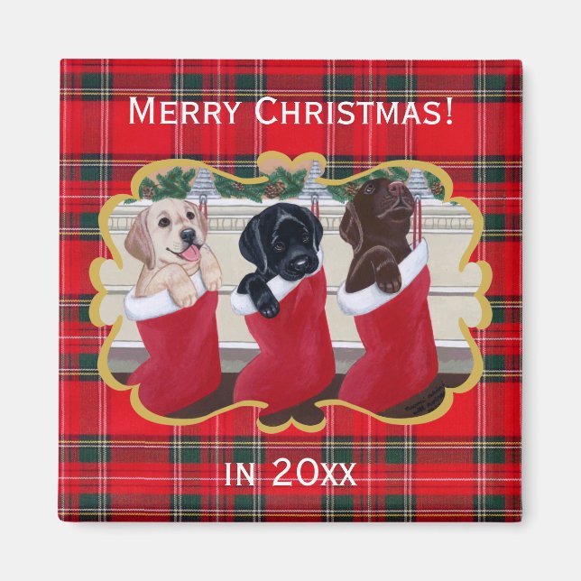 Aimant Labrador Retriever Puppies peinture de Noël (Devant)