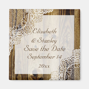 Aimant Lace blanche rustique sur bois pour carte "Save th