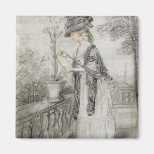 Aimant Lady on a Terrace Tending a Carnation Plante (noir