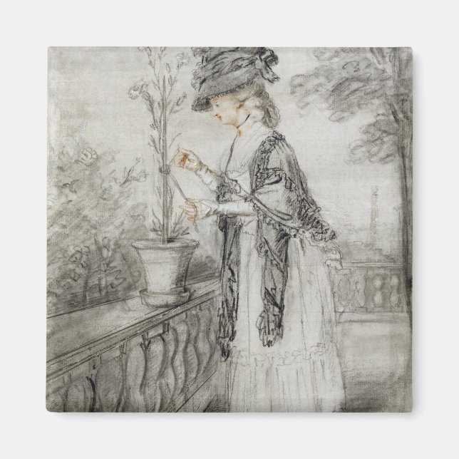 Aimant Lady on a Terrace Tending a Carnation Plante (noir (Devant)