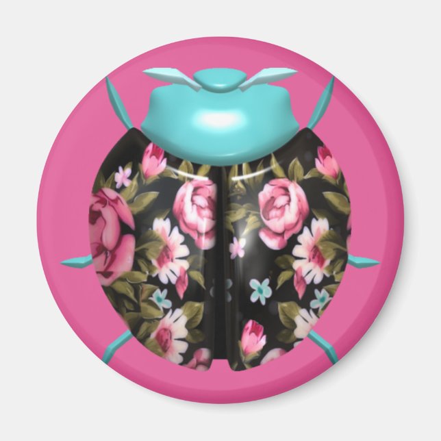 Aimant Ladybug chintz floral victorien rose noir (Devant)
