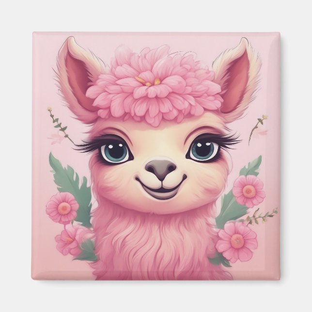 Aimant Lama bébé rose souriant (Devant)