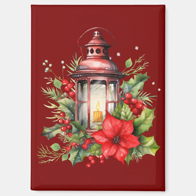 Aimant Lanterne rouge de Noël Poinsettia et pin (Recto)