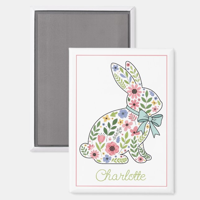 Aimant Lapin de Pâques aux fleurs sauvages roses et bleue (Recto/Verso)