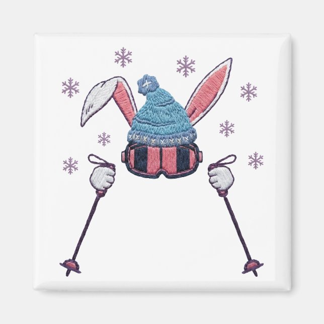 Aimant Lapin de ski en faux fil humour hivernal (Devant)