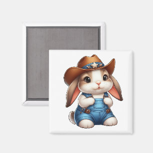 Aimant Lapin en tenue de cowboy avec chapeau et salopette