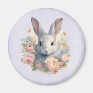 Aimant Lapin entouré de fleurs pastel mignon