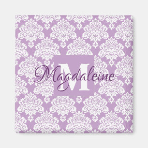 Aimant Lavande violet Damask Monogramme avec nom magnétiq
