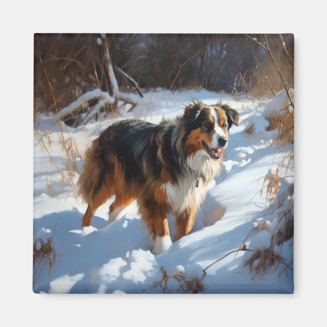Aimant Le Berger Australien Laisser Neige Noël (Devant)