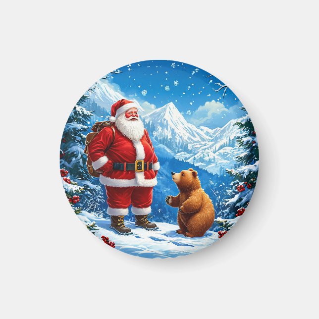 Aimant Le Père Noël rencontre un ours amical dans la mont (Devant)