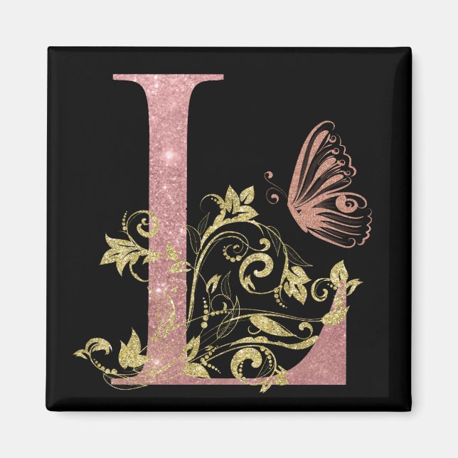 Aimant LETTRE Florale Parties scintillant rose L (Devant)