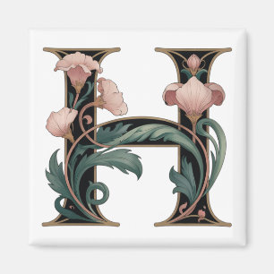 Aimant lettre H rose et vert Art Nouveau