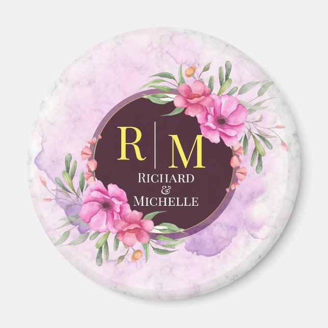 Aimant Lettre initiale florale de couronne Monogramme Nom (Devant)