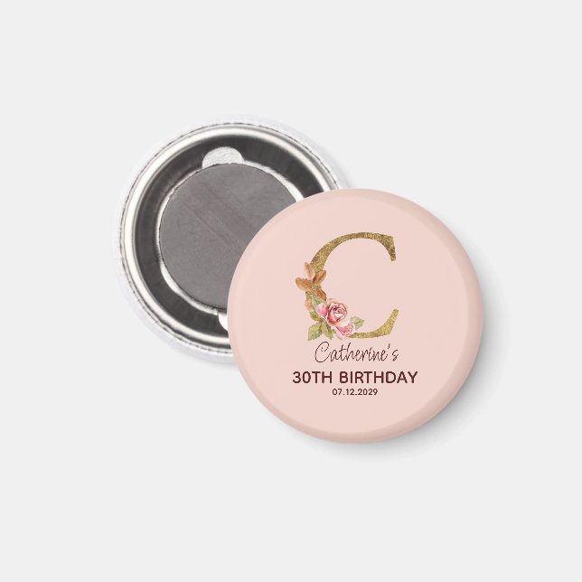 Aimant Lettre personnalisée C en or et roses rose blush (Recto/Verso)