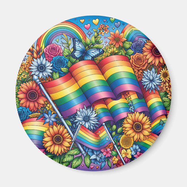 Aimant LGBTQIA+ Drapeaux de fierté, Arcs-en-ciel, Fleurs (Devant)