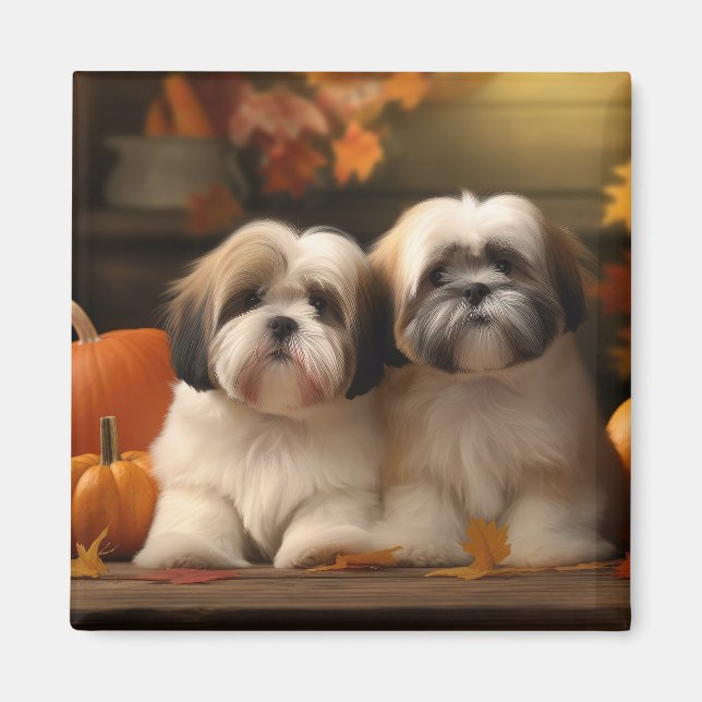 Aimant Lhasa Apso Chiot Automne Citrouille de plaisir (Devant)