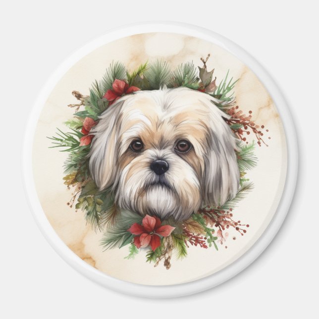 Aimant Lhasa Apso Christmas Wreath Festive Pup (Devant)