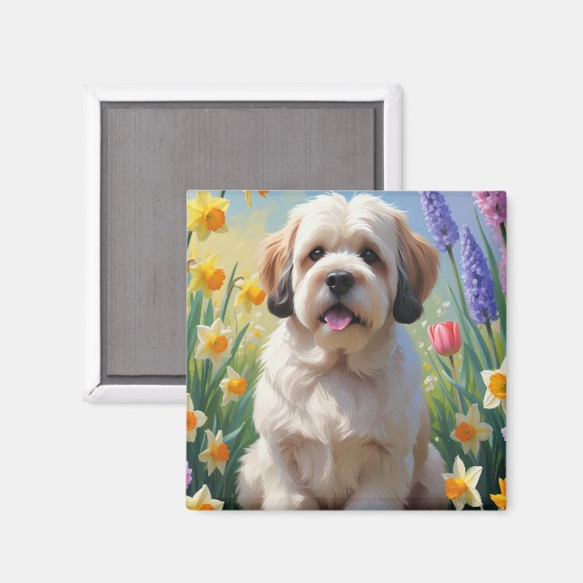 Aimant Lhassa Apso Dog Fleurs de printemps Peinture (Recto/Verso)