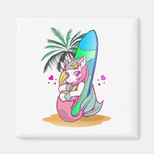 Aimant Licorne avec planche de surf sur la plage