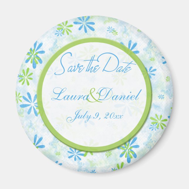 Aimant Lime Vert et Flore Bleue Économisez l'aimant Date (Devant)