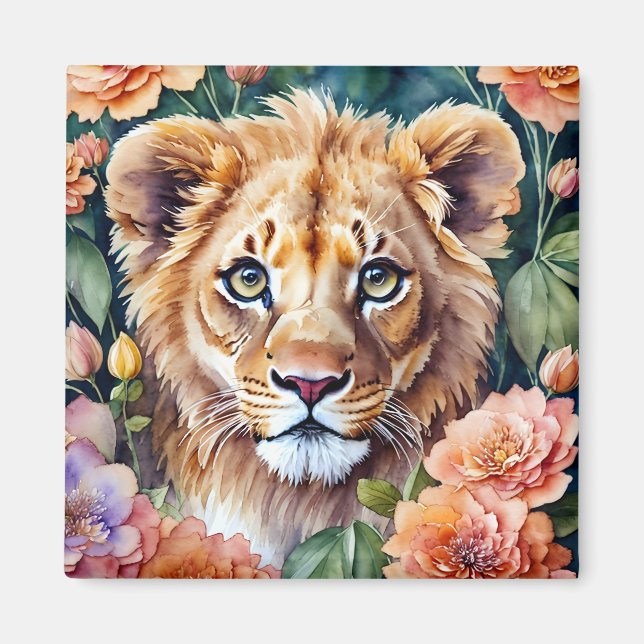 Aimant Lion Cub Floral Aquarelle Art (Devant)