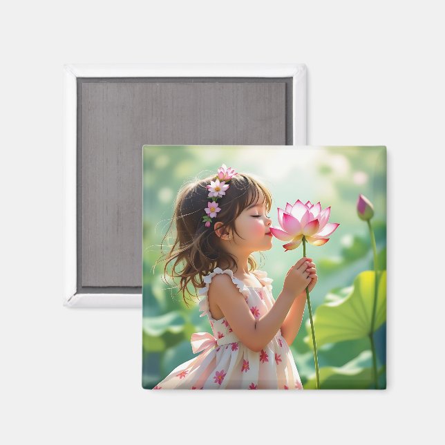 Aimant Little Girl Smelling a Pink Rose Personalized (Recto/Verso)