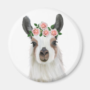 Aimant Llama Fluffée Cute Avec Couronne Fleur Rose Blanc