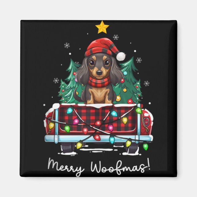 Aimant Long Haired Dachshund Christmas Dog Truck Plaid Fu (Devant)