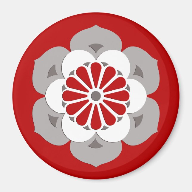 Aimant Lotus Flower Mandala, rouge foncé, gris et blanc (Devant)