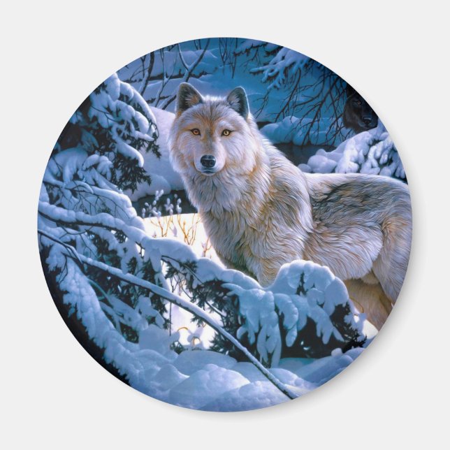 Aimant Loup dans la peinture de la forêt d'hiver (Devant)