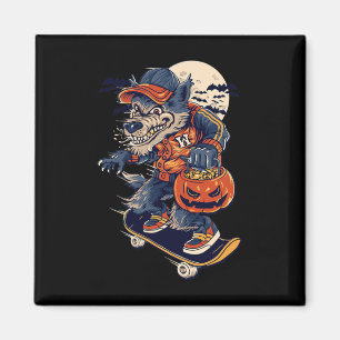 Aimant Loup de skateboard cool portant une citrouille d'H