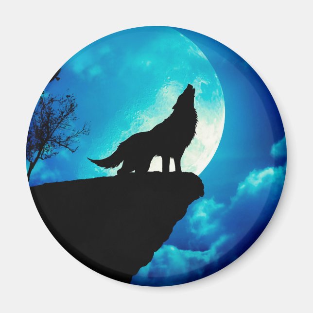 Aimant Loup en silhouette hurlant à la pleine lune (Devant)