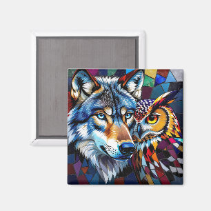 Aimant Loup et Hibou Vibrants et Colorés 