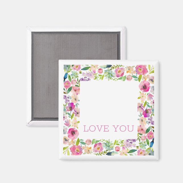 Aimant Love You Watercolor Pink Floral White (Recto/Verso)