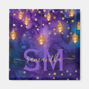 Aimant Lueur de lanterne violette et bleue à monogramme