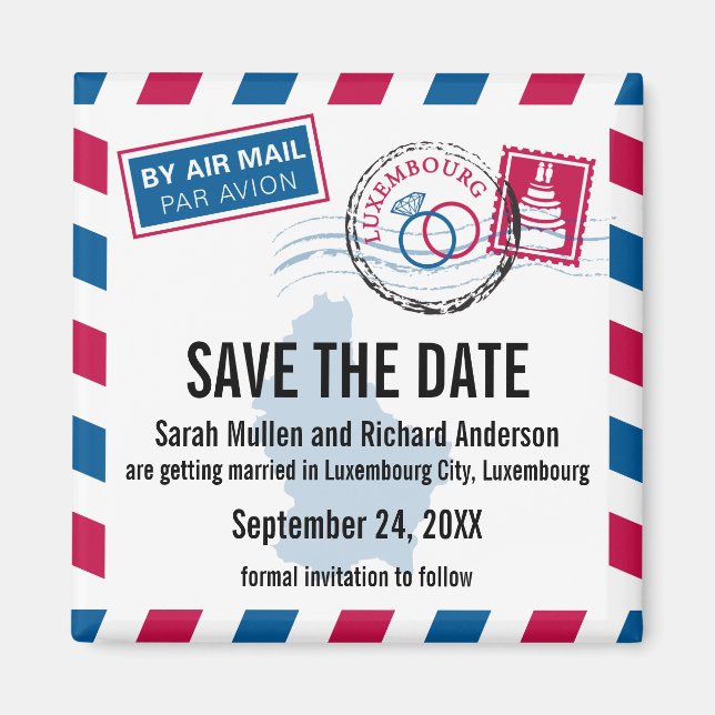 Aimant Luxembourg Air Mail Wedding Enregistrer la date (Devant)
