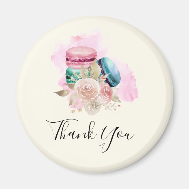 Aimant Macarons et fleurs colorés Merci d'aquarelle (Devant)