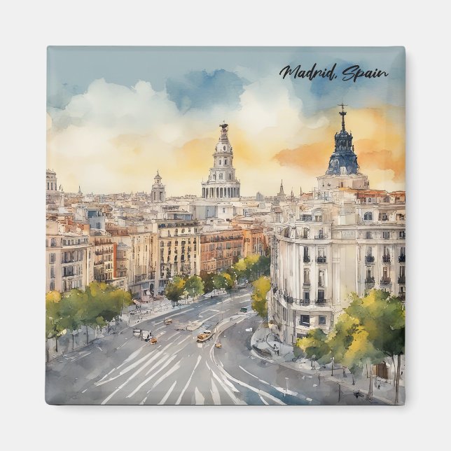 Aimant Madrid Espagne Ville Silhouette Aquarelle Peinture (Devant)