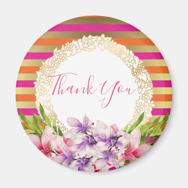 Aimant Magnolia sur Pink & Faux Gold Stripes Merci (Devant)