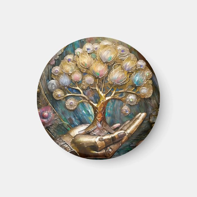 Aimant Main Robot D'Or Tenant Arbre De Vie D'Or (Devant)