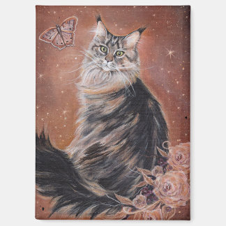 Aimant Maine coon cat with flowers art by Renee