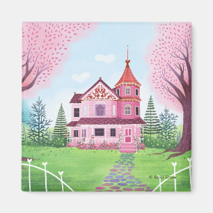 Aimant Maison victorienne rose & Fleur de cerisier